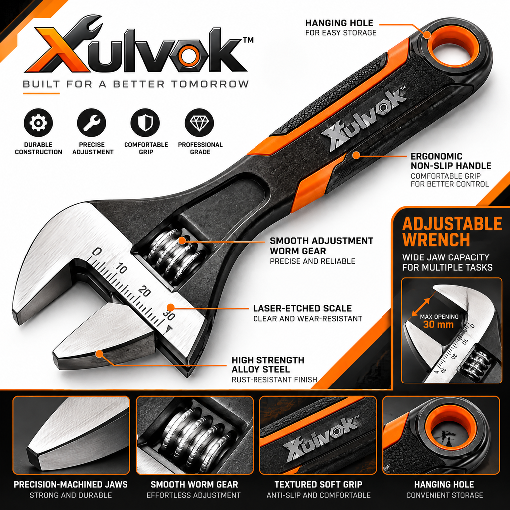 Xulvok™ Adjustable Wrench with Orange Accent Handle — design details