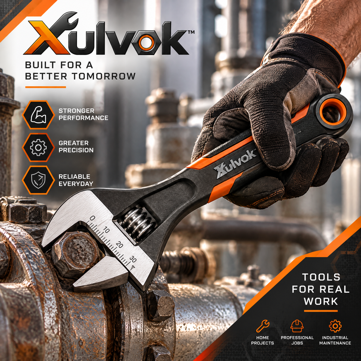 Xulvok™ Adjustable Wrench with Orange Accent Handle — use example