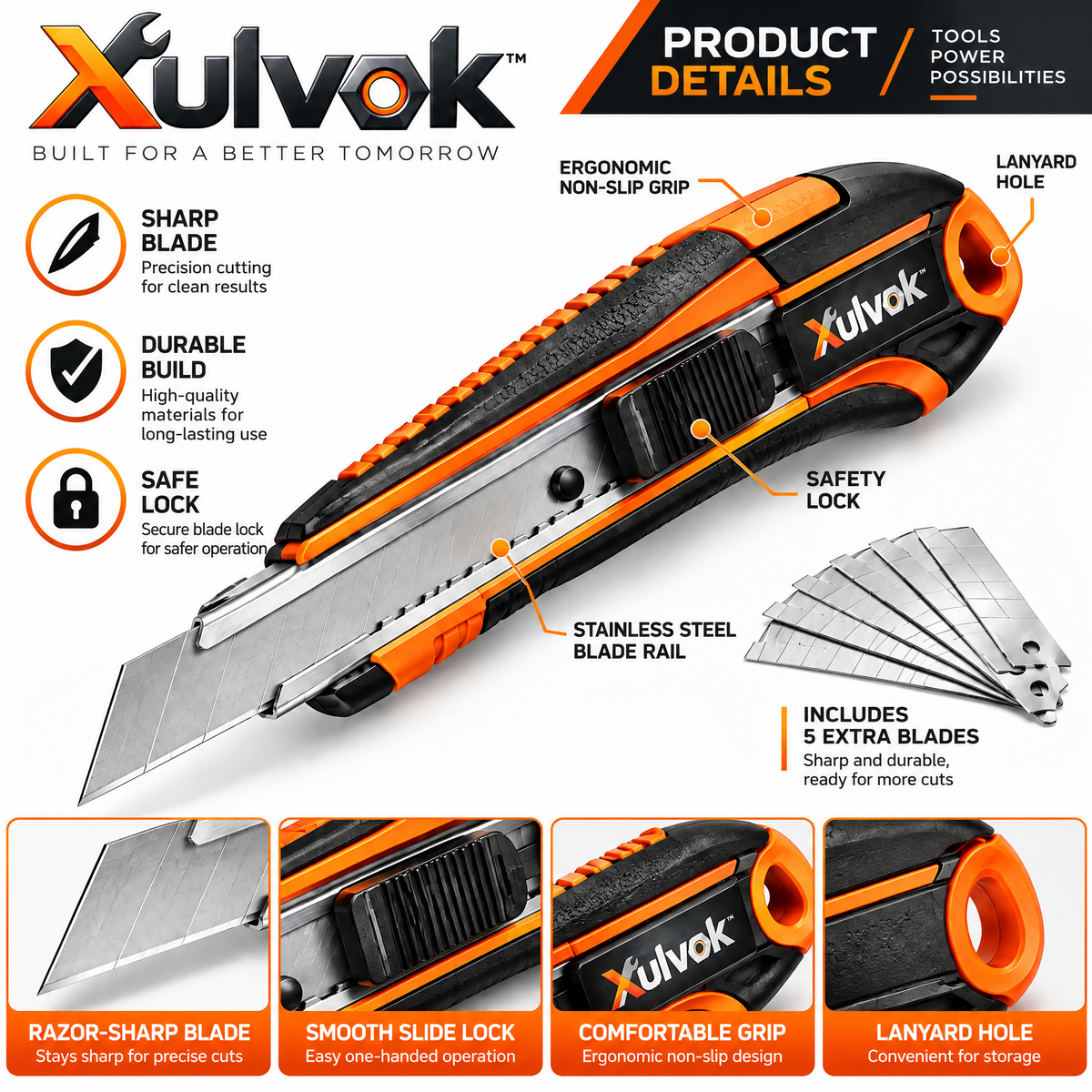 Xulvok™ Retractable Utility Knife with Blade Slider — design details