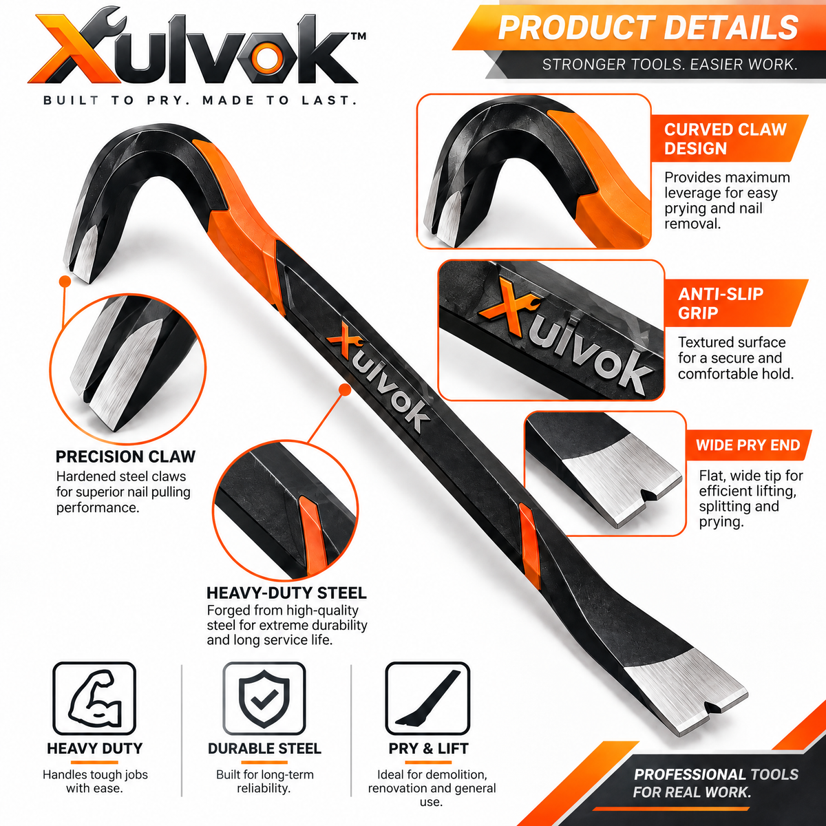 Xulvok™ Dual-End Pry Bar with Curved Claw — design details