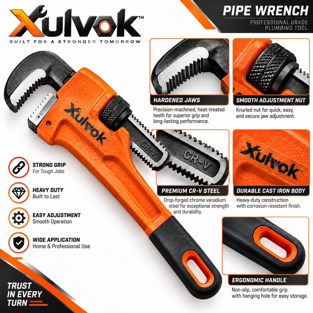 Xulvok™ Adjustable Pipe Wrench with Orange Handle — design details