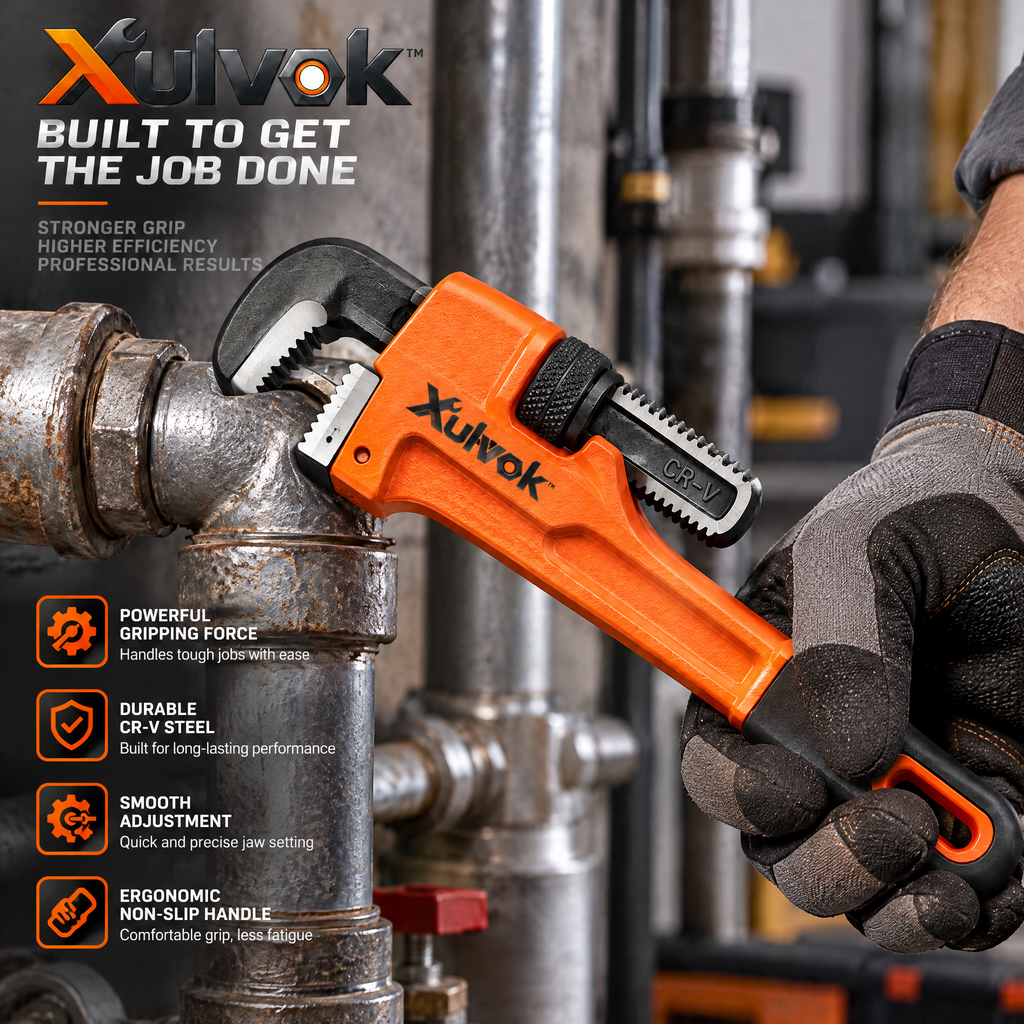 Xulvok™ Adjustable Pipe Wrench with Orange Handle — use example