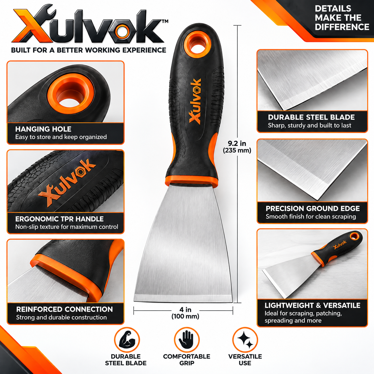 Xulvok™ Wide Blade Putty Knife & Paint Scraper — design details